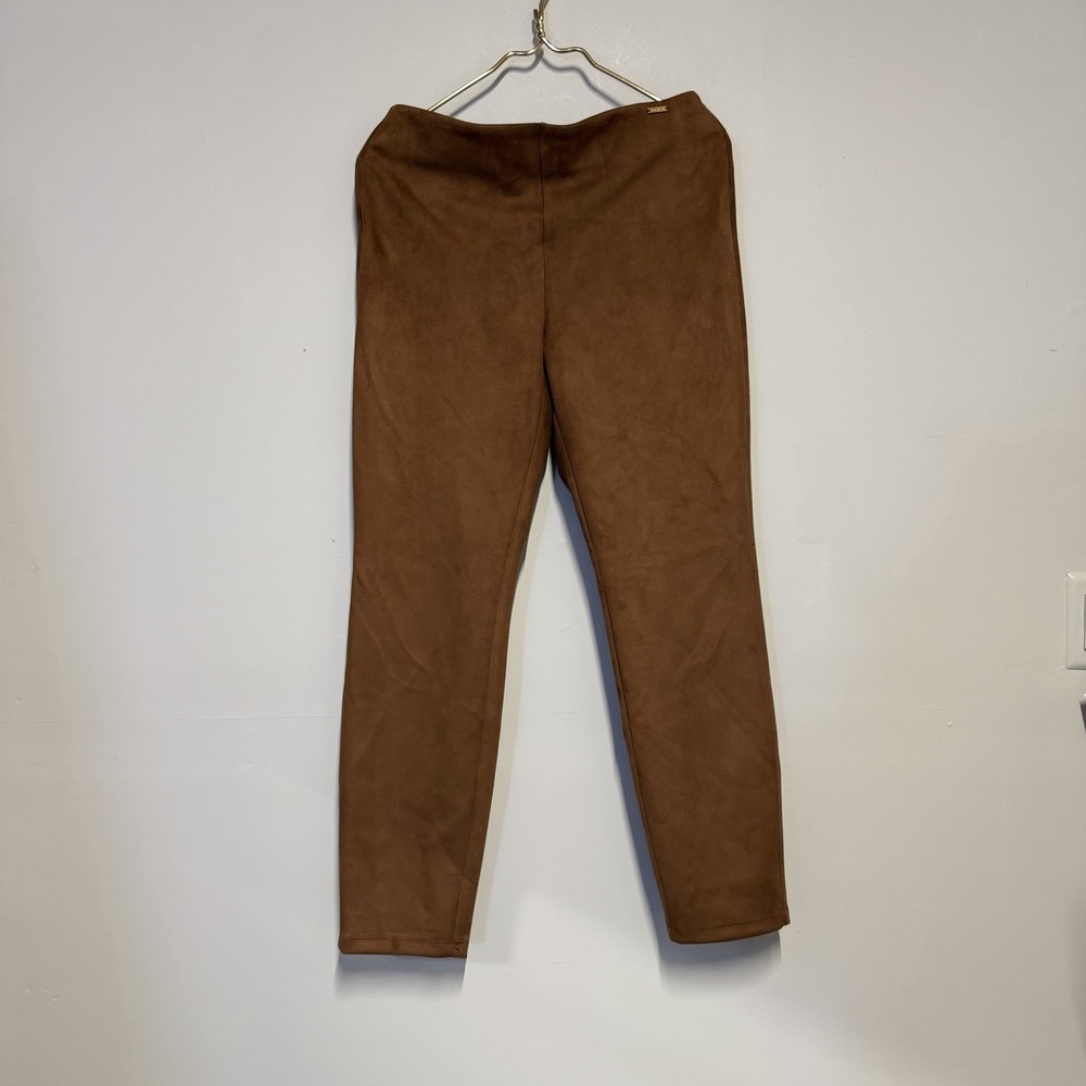 T Tahari Pants Womens Medium Brown‎ Faux Leather High Rise Stretch Pull On Slim